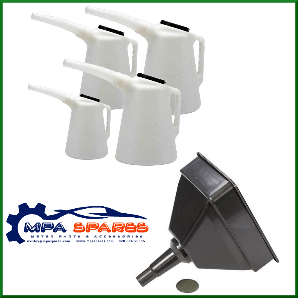 Set Of Oil Jugs 1,2,3, & 5 Litre -  With Large Funnel Tractor/Oil/Petrol/Diesel - MPA Spares